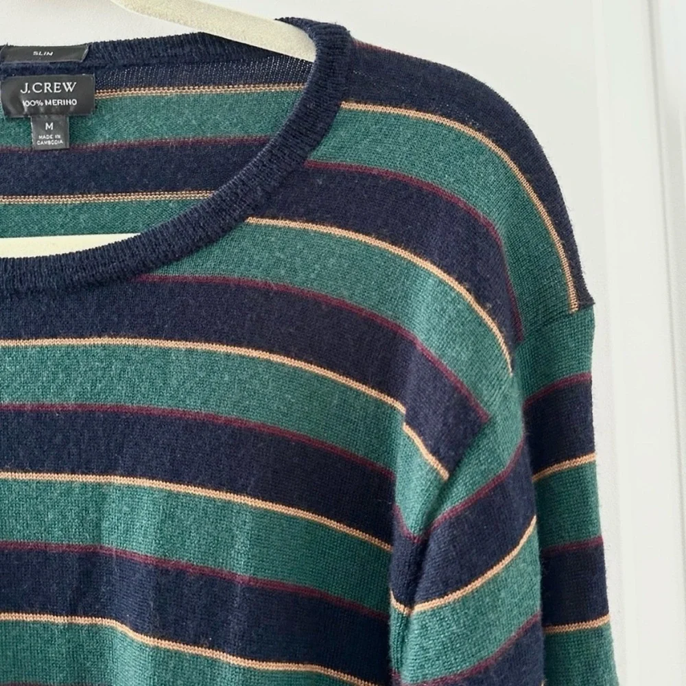 J. Crew Green Blue Striped Crewneck Sweater Merino Wool Mens Sz Medium Slim Fall